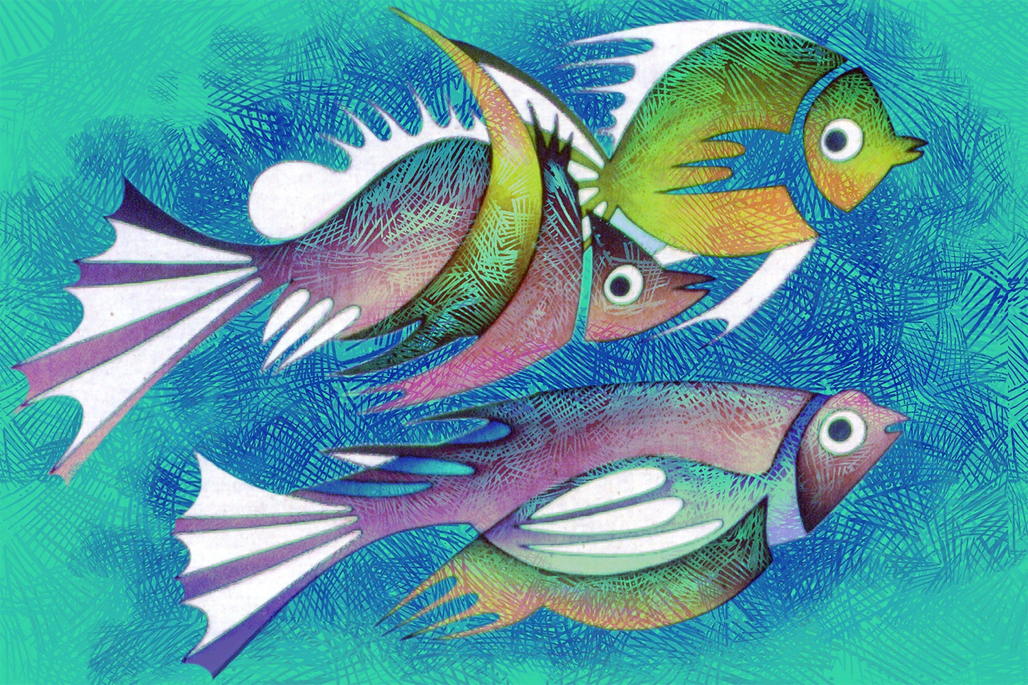 The "Aquarium #2" Canvas Art is a colorful abstract fish composition with intricate patterns swimming against a textured turquoise background. The vibrant hues of purple, pink, green, and blue are enhanced with white highlights on their fins and eyes.