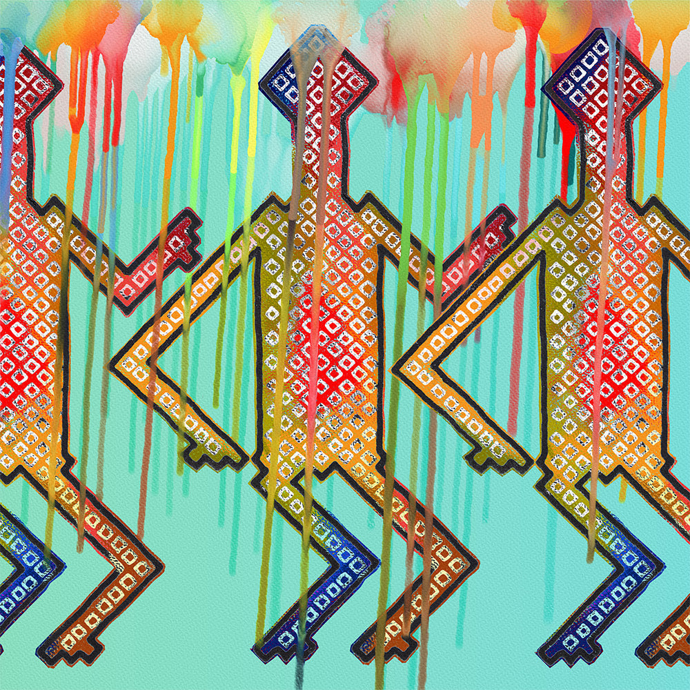 Colorful abstract painting of three human-like figures, each covered in a geometric pattern. Figures are in shades of blue, red, and yellow against a teal background with dripping, multicolored paint on top.