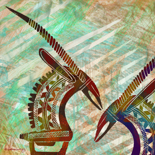 The Antelopes - Canvas Art features two stylized antelope figures with elongated, patterned horns against a textured background of vibrant turquoise, brown, and green hues. This African art piece is available as stunning canvas prints that exude a dynamic, earthy feel.