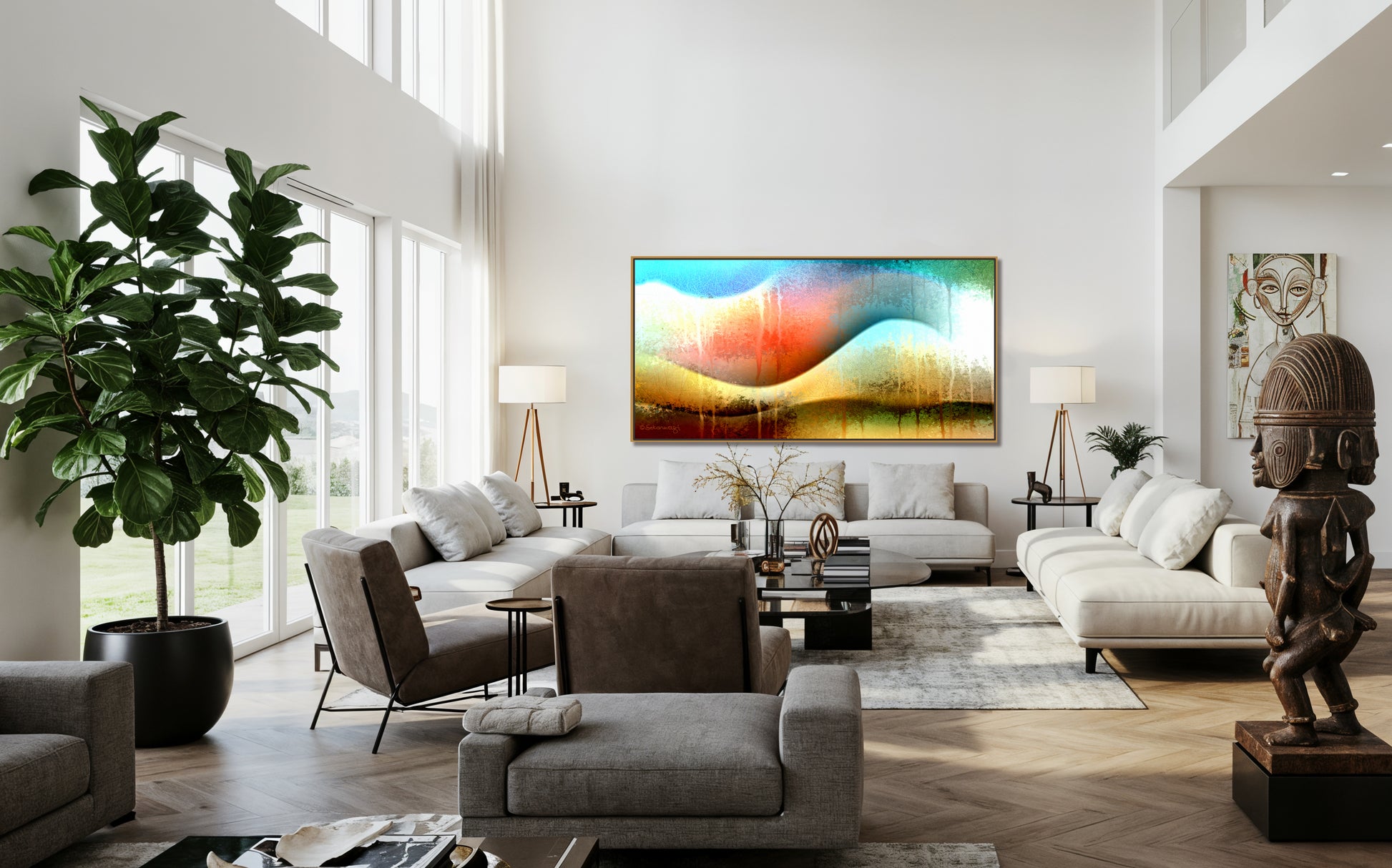 Modern living room with white sofas, gray chairs, large windows, indoor plants, and the Awesomeness - Canvas Art. Wooden floors and African-inspired sculptures enhance the space as natural light fills the airy area.
