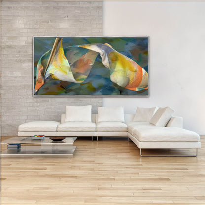 A modern living room features the Shape Of Unfolding Thought canvas art on a brick wall. Beneath, a white sectional with plush cushions complements the scene. A glass coffee table with magazines rests on the wooden floor. The artwork is ready to hang and ships for free.