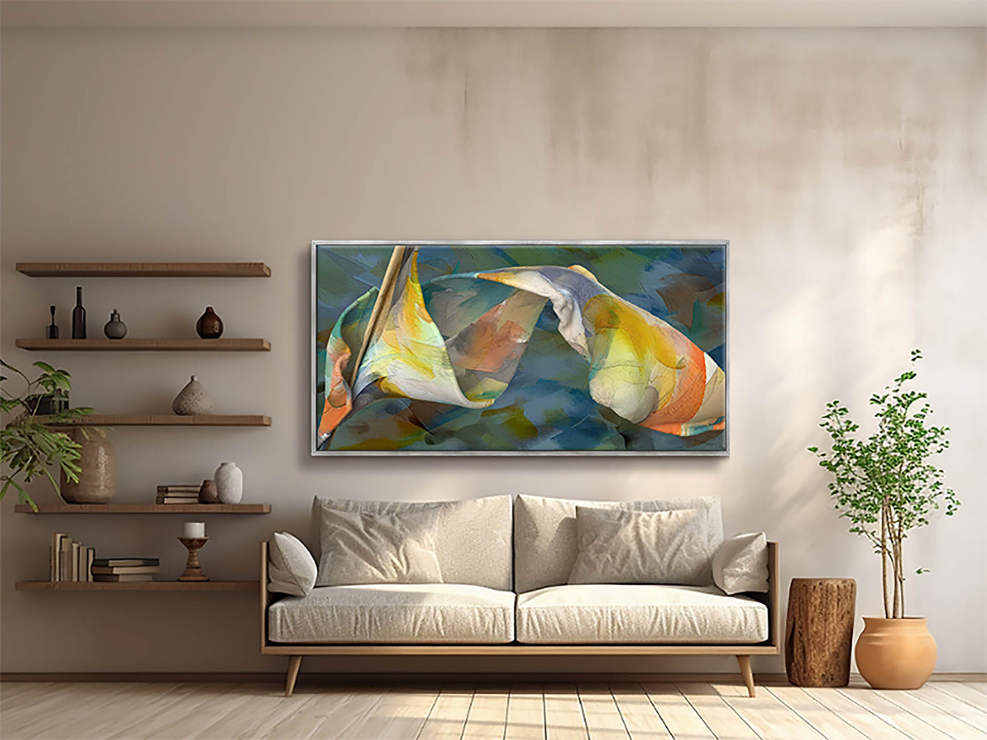 A modern living room features the Shape Of Unfolding Thought large canvas art above a beige sofa with light cushions. Wooden shelves display decor, while a potted plant adds greenery. This ready-to-hang masterpiece includes free shipping for convenience.