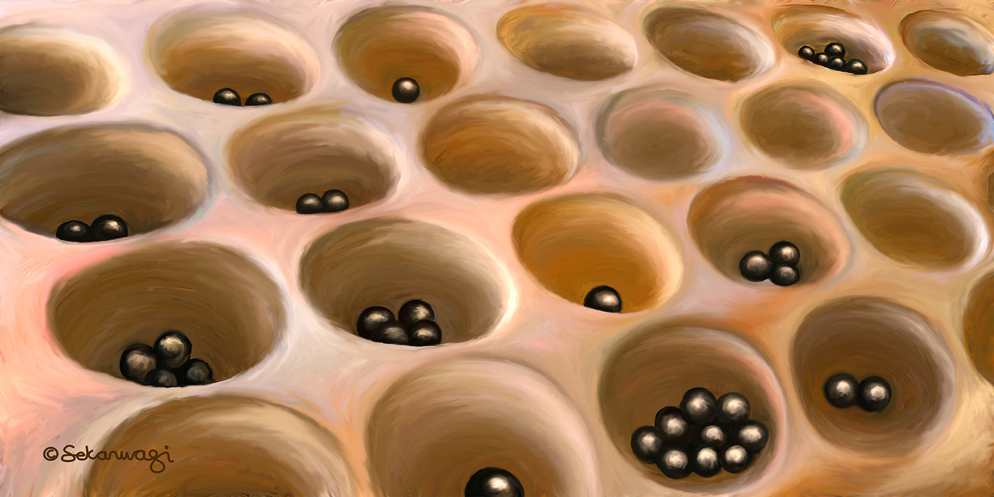 Your Move - Canvas Art features a digital painting of a close-up view of a Omweso African board game, with several round, shallow pits on a light brown surface, some holding shiny black playing tokens while others remain empty.