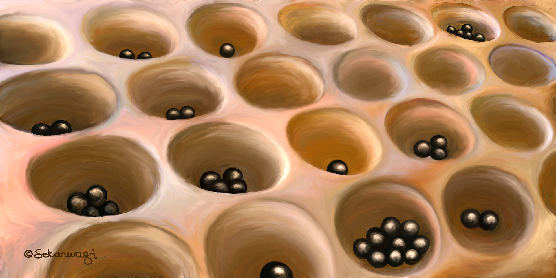 Your Move - Canvas Art features a digital painting of a close-up view of a Omweso African board game, with several round, shallow pits on a light brown surface, some holding shiny black playing tokens while others remain empty.