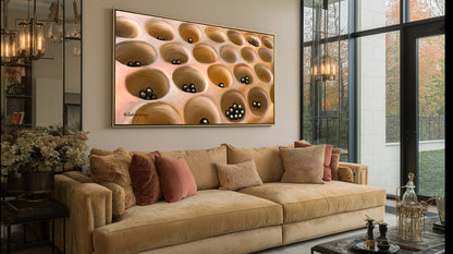 A modern living room features a beige sofa with pastel pillows, a large floral arrangement, and "Your Move" - Canvas Art above the sofa, depicting the Omweso Uganda board game with  the game black playing tokens.