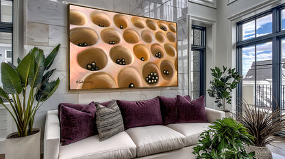 A modern living room features a white sofa with purple and gray pillows, potted plants, and tall windows. Your Move - Canvas Art hangs above the couch, while an elegantly crafted Omweso board sits on the coffee table.