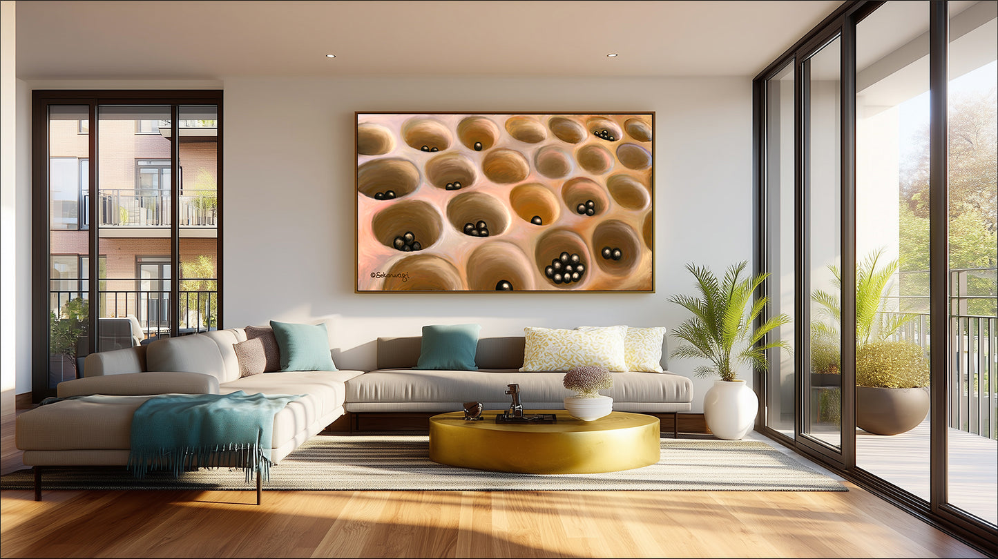 A modern, sunlit living room with large glass doors, a white sectional sofa, green plants, a round gold coffee table, and Your Move - Canvas Art displayed as a striking piece on the wall.