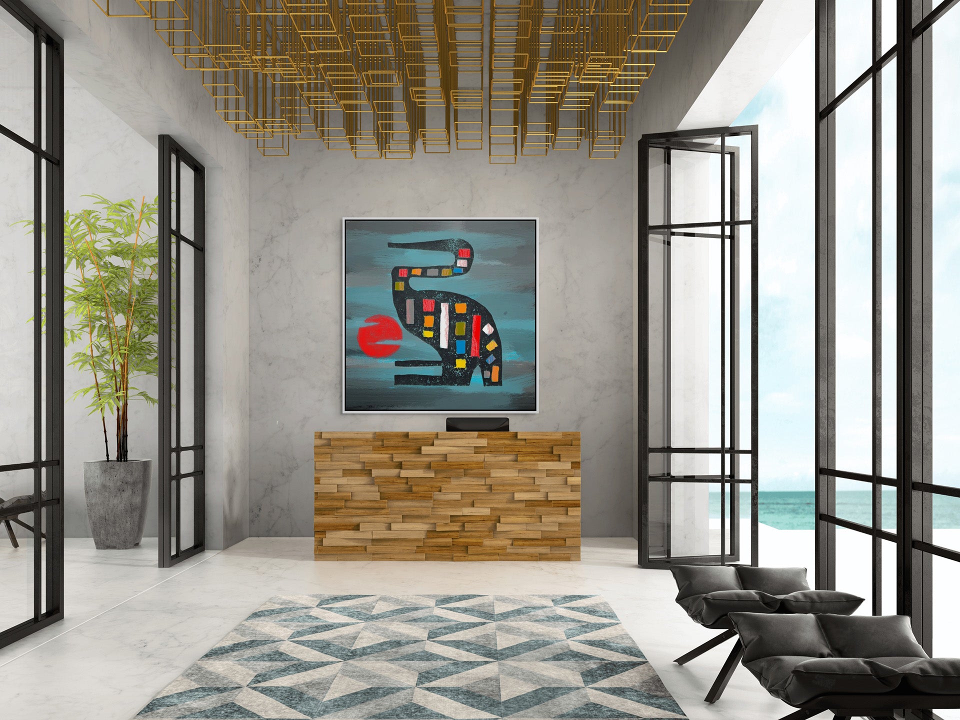 A modern interior with a geometric pattern rug, two dark chairs, and a wooden console. Above hangs the Seated Crane - Contemporary African Design Canvas Art Print, using eco-solvent inks. Large windows frame a coastal view; the ceiling features a gold grille design, with an elegant plant on the left.