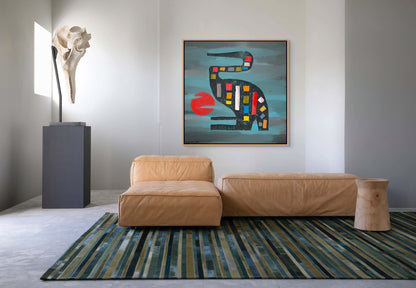 A modern living room with a tan leather sofa, wooden side table, and green-striped rug features the Seated Crane - Contemporary African Design Canvas Art Print created using Eco-Solvent inks. A sculpture near the window brings in an African art vibe.